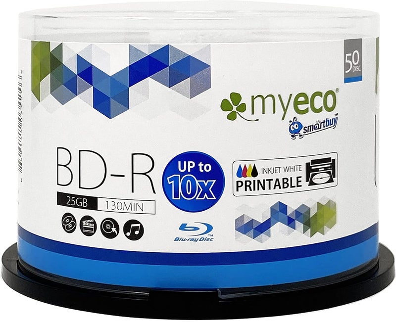 Smartbuy 50 عبوة أقراص Myeco BD-R Blu-ray سعة 25 جيجابايت تصل إلى 10x قابلة للطباعة بالحبر الأبيض مع عبوة كيك بوكس/سبيندل - Image 1